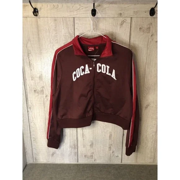 Women's Coca-Cola Graphic Burgundy Red Zip Up Crop Jacket Size Large - Picture 2 of 5
